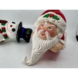Ceramic Hand Paintd Snowman & Santa Claus Christmas Stocking Holder Shelf Sitter